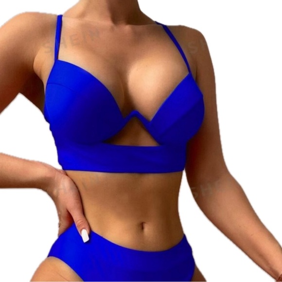 Neon Blue Bikini Set Cut Out Underwire Halter Push Up Bra Bathing Suit ***NEW*** - Picture 1 of 5